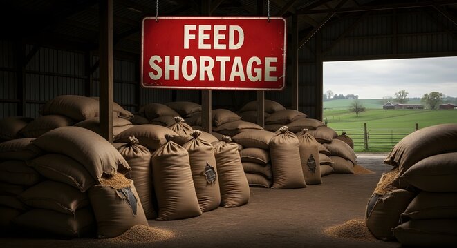 A barn full of grain sacks with a sign indicating a feed shortage for the concept of agricultural crisis and food supply chain issue.