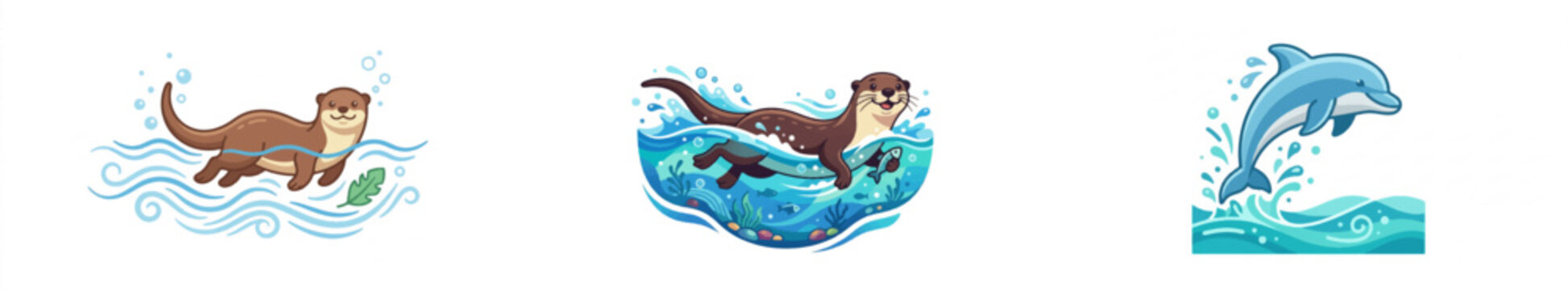 Cartoon otter and dolphin swimming in ocean waves illustration set
