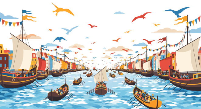 Medieval Ships Sailing Down a Busy River.