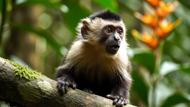 White-faced capuchin monkey perches on a mossy branch in a tropical rainforest, staring directly into the camera lens with an open-mouthed expression of surprise and curiosity.