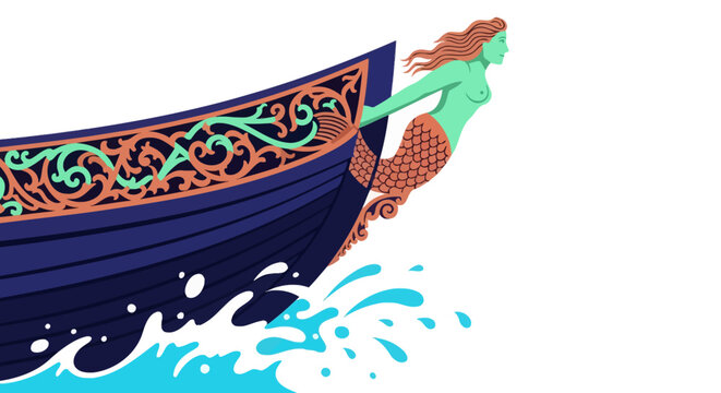 Mermaid figurehead on a dark blue ship sailing through water.