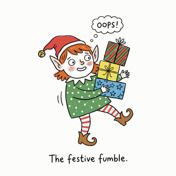 Clumsy elf girl dropping presents with oops bubble and funny expression.