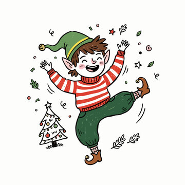 Happy christmas elf dancing with confetti and festive green hat in holiday scene.