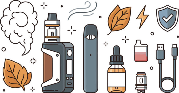 Electronic cigarette vape device flat line art vector illustration icon set with box mod pod system juice dropper bottle tobacco leaves and charger cable isolated on white.