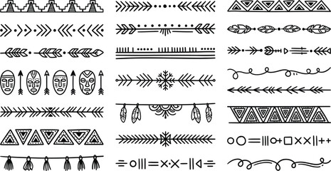 Ethnic style border collection featuring hand-drawn tribal ornaments, Aztec dividers, boho patterns, and Scandinavian-inspired decorative elements. Perfect for frames, invitations, crafts, and design  © Aditya