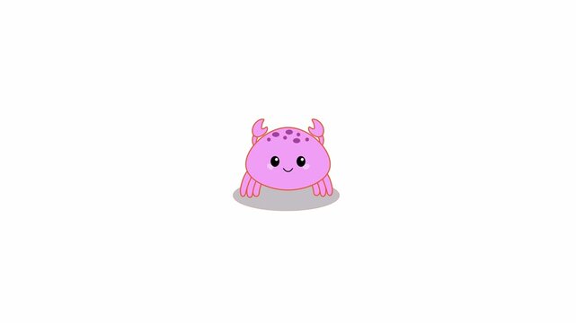 Cartoon animation of a purple crab appearing. Repeated motion vector graphic concept.