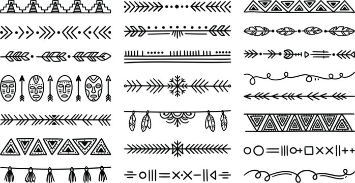 Ethnic style border collection featuring hand-drawn tribal ornaments, Aztec dividers, boho patterns, and Scandinavian-inspired decorative elements. Perfect for frames, invitations, crafts, and design 