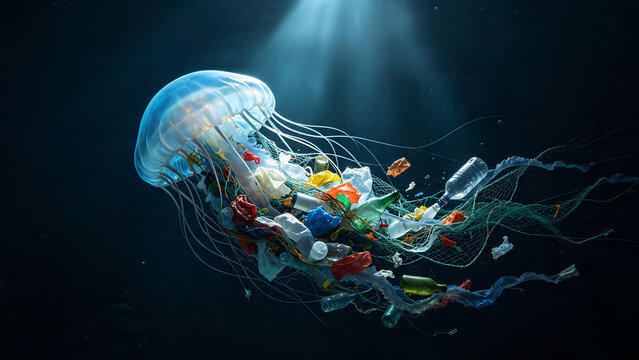 Glowing jellyfish tangled with plastic waste underwater in deep dark ocean conceptualizing marine pollution ecological crisis and environmental conservation awareness campaign.