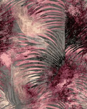 Stylized palm leaves in pink and gray tones create a modern, artistic texture against a mottled background, evoking tropical elegance and creative flair.