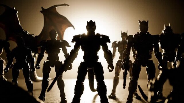 Silhouetted toy action figures against bright light.