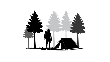 Camping, outdoor adventure, silhouette illustration, monochrome trees, hiker and tent © MstMishu