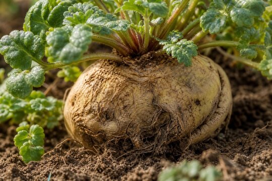 Extreme close-up of a maca plant focusing on its thick, textured root.
