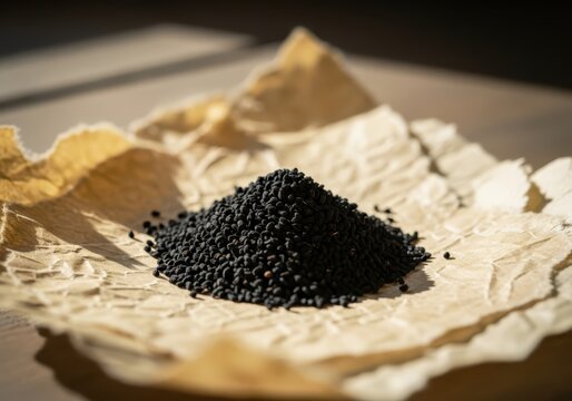 Pile of Organic Black Cumin Seeds on Crumpled Parchment Paper with Natural Sunlight and Soft Shadows