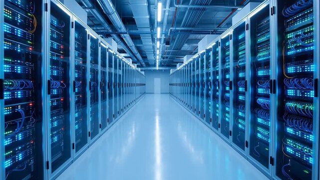 Rows of server racks in a data center