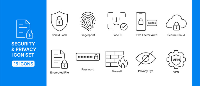Security and privacy icon set with 10 different symbols for protection and safety concepts