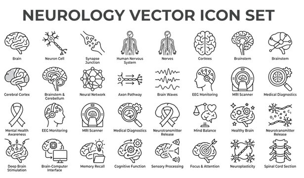 Neurology icon set brain anatomy nervous system and medical diagnostics graphics