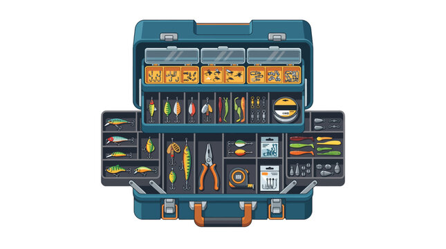 Open Fishing Tackle Box Vector Illustration