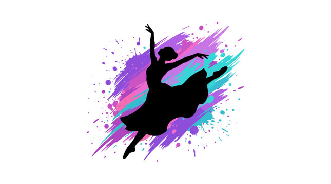 Silhouette of a ballet dancer in motion with colorful paint splashes.
