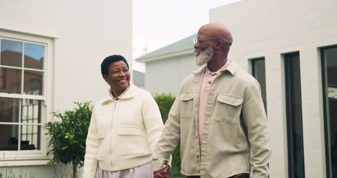 Talk, walk and senior couple in backyard for morning fresh air, retirement support or bonding. Pensioner, black people or holding hands outdoor at home for romantic stroll, conversation or connection