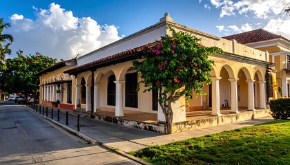 Fototapeta premium A low-rise building with arches and columns on a sunny day