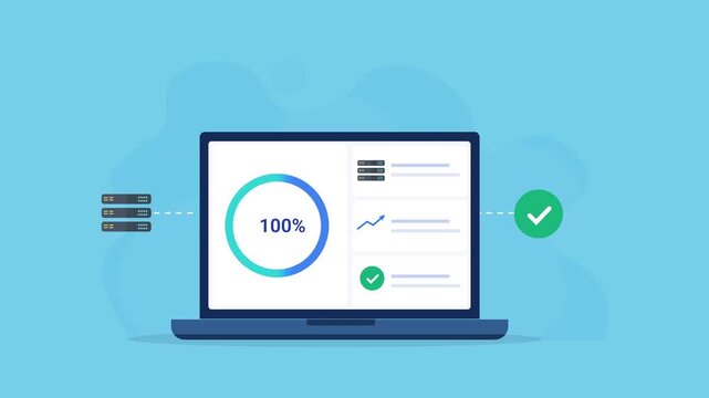 Animated flat vector illustration of a laptop displaying a database monitoring dashboard with progress indicator, server database, and verification icons. Modern database management, monitoring, and t