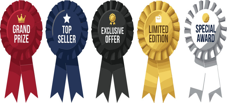 Colorful award ribbon badge vector illustration set featuring commercial promo labels for grand prize top seller exclusive offer and limited edition on white background.