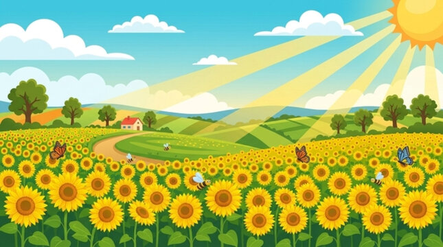 Scenic sunflower meadow landscape background, endless field of blooming sunflowers, rolling countryside hills, bright summer sky, sunshine rays, butterflies and bees flying above flowers, cheerful nat
