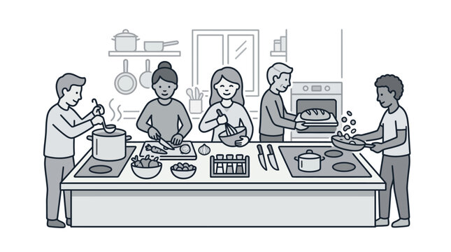 Diverse group of friends cooking together in large kitchen.