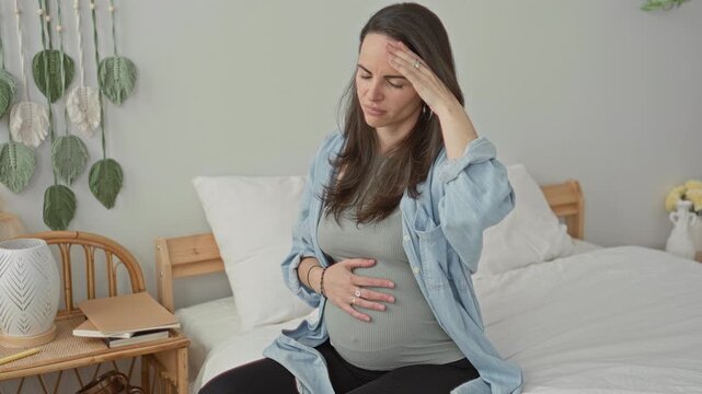 Pregnant woman holding belly with one hand and touching forehead while seated on bed in a building; concern.