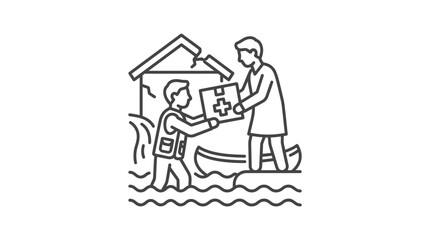 Naklejka premium Flood rescue boat delivering medical aid supply