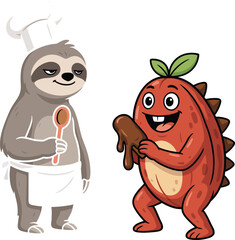 Fototapeta premium A sloth chef holding a wooden spoon watches a cute red creature enjoying a messy chocolate treat in a celebration of friendship and joy.