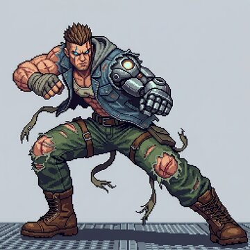 Futuristic pixel art bionic soldier in combat stance isolated