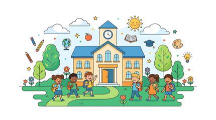Fototapeta premium A group of diverse children walking to school with backpacks on a sunny day with a school building and educational icons floating around them