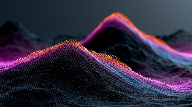 Abstract Digital Landscape with Glowing Peaks and Wavy Grid Structure