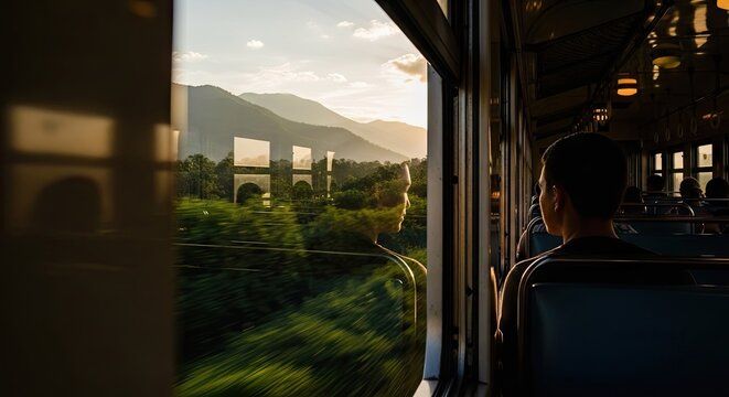 Person looking out train window at scenic mountain range during daytime travel