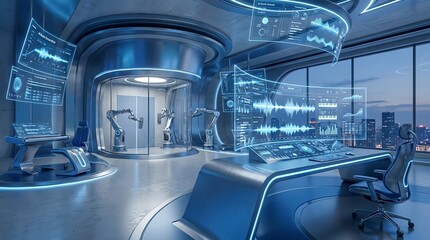 Obraz premium Futuristic Ai Control Room with Robotic Arms and Holographic Displays