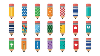 Collection of Artistic Pencils: A vibrant array of pencils, each uniquely decorated with colorful patterns and iconic symbols, stands ready for creativity and learning. © hafeza