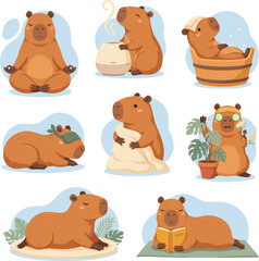 Fototapeta premium A set of cute capybaras practicing self care through wellness routines, relaxation, reading, and mindfulness activities
