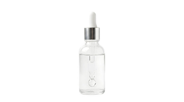 Glass serum bottle with dropper isolated on transparent background