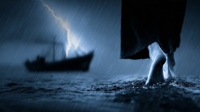 Feet walk on water during storm with lightning and rain while boat is present nearby