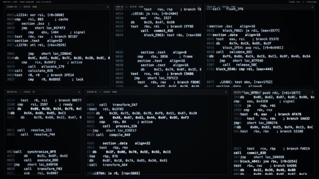 Panning shot of multiple monitors displaying assembly code scrolling across dark workstation mosaic in control room environment.