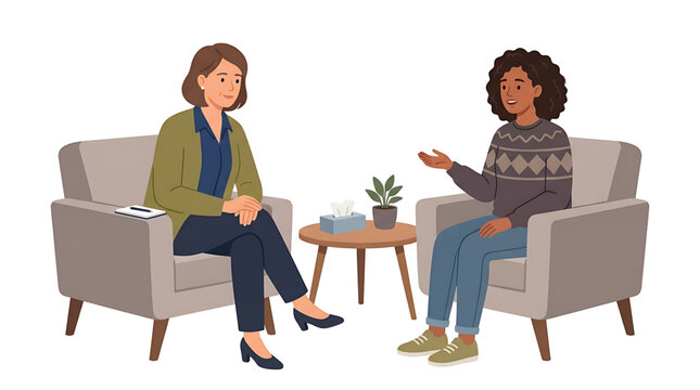 Two women sitting in chairs having a conversation with a small table and plant in between them in a therapy or counseling session setting