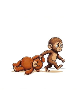 Cute cartoon sad little monkey crying and dragging a teddy bear
