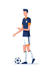 Obraz premium Athletic male soccer player dressed in professional sportswear uniform standing on field grass while pointing direction during competition with a leather ball ready for gameplay in outdoor