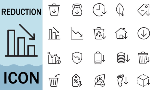 Reduction icon set displaying downward financial data trends