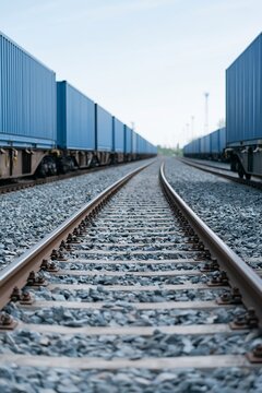 Parallel railway tracks lead into distance with blue cargo containers