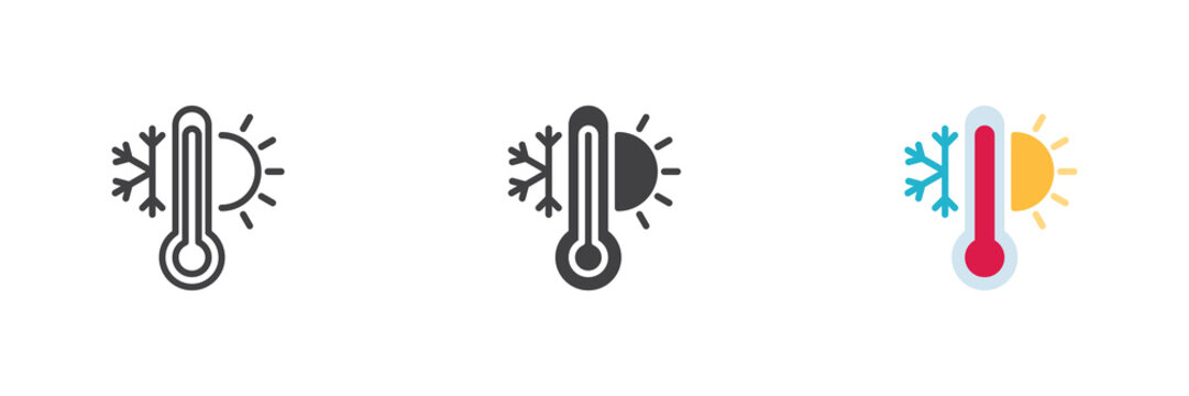 Temperature thermometer icon set shows line, solid and flat colorful weather icon for hot and cold, color vector sign and symbol in styles pack.