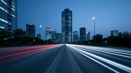 Fototapeta premium Dynamic Urban Night View with Light Trails and City Skyline