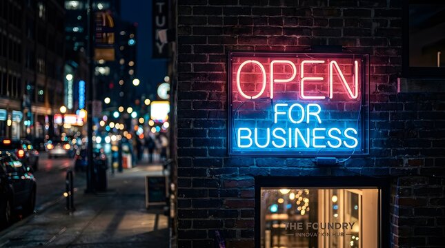 Neon Open For Business Sign on Brick Building at Night