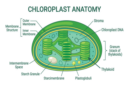 Chloroplast anatomy infographic labeled thylakoid structures illustrating photosynthesis components and plant cell organization